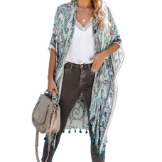 Teal Blue Boho Paisley Printed with Tassel Detail Open Front Midi Cover Up 